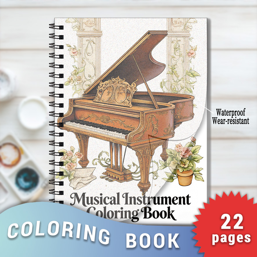 Musical Instrument Coloring Pages - Vintage vleugelpiano muziekinstrument kleurboek voor volwassenen